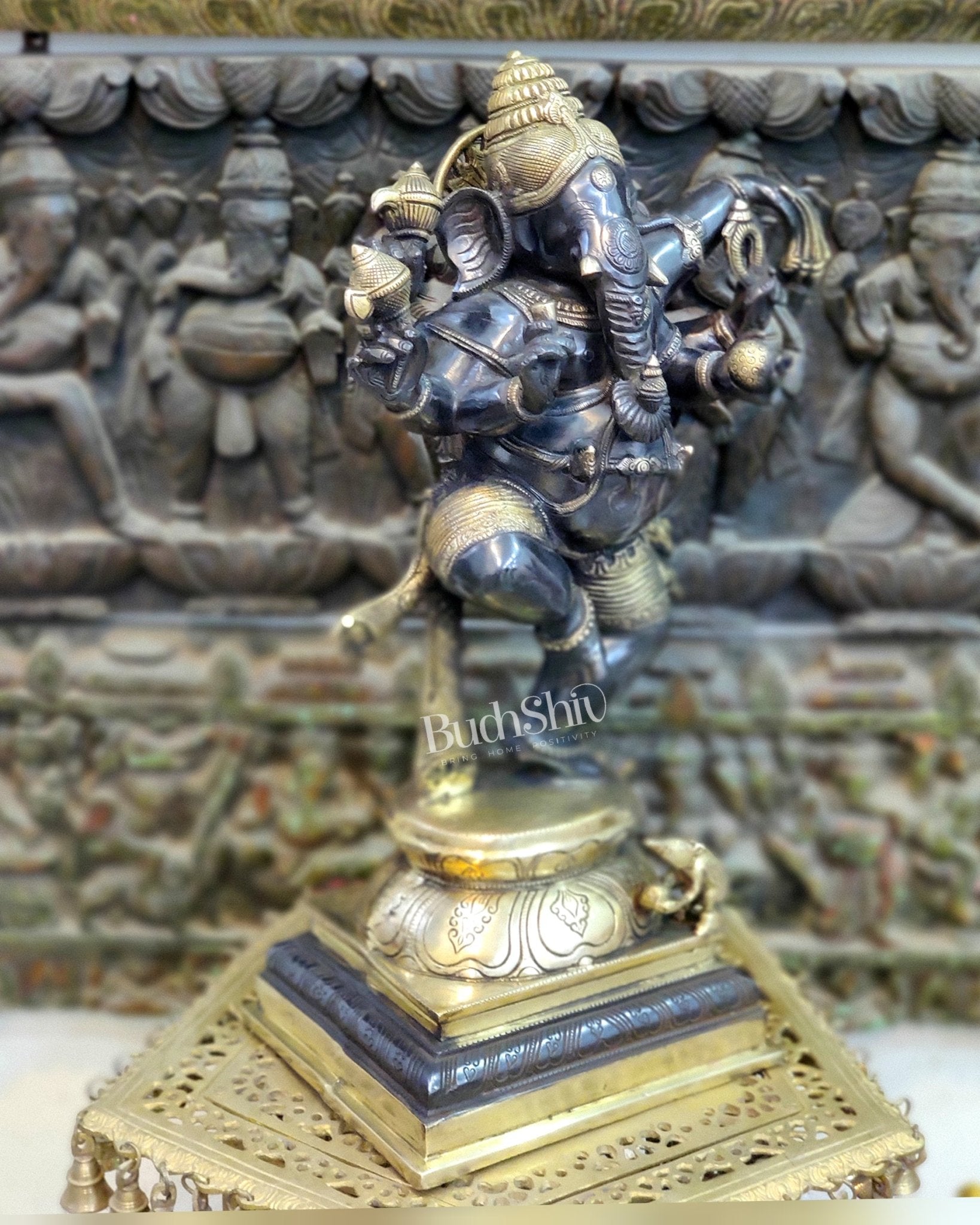 Handcrafted Brass Dancing Ganesha Statue - Large Size - Black and Gold Finish - 25 inches