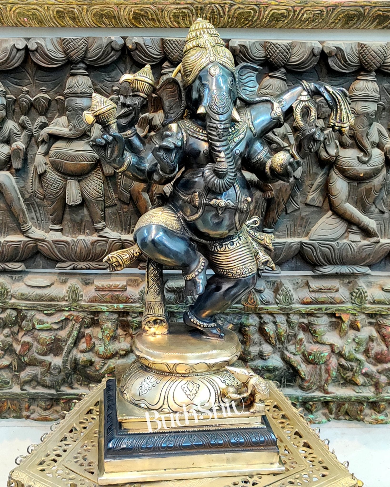 Handcrafted Brass Dancing Ganesha Statue - Large Size - Black and Gold Finish - 25 inches