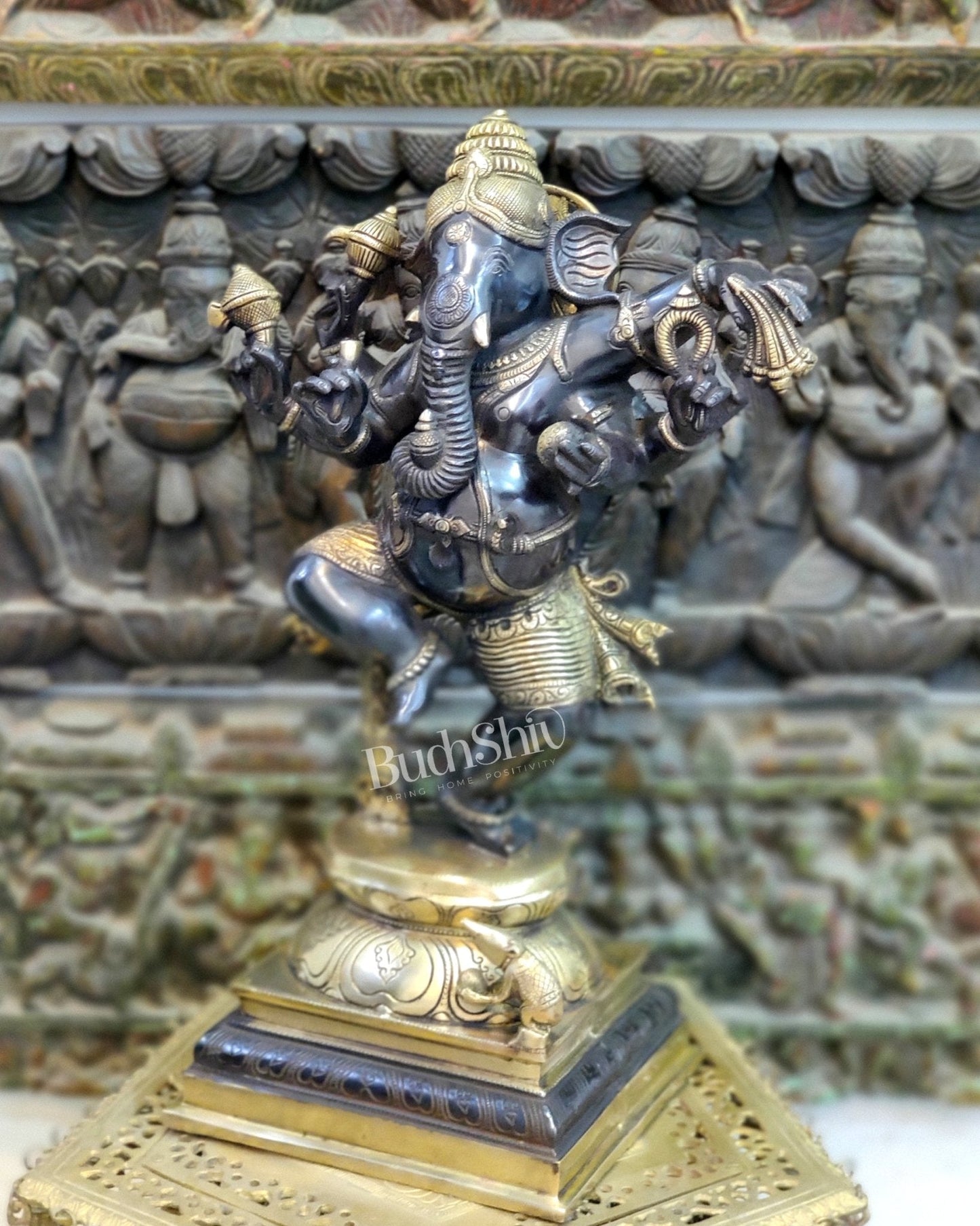Handcrafted Brass Dancing Ganesha Statue - Large Size - Black and Gold Finish - 25 inches