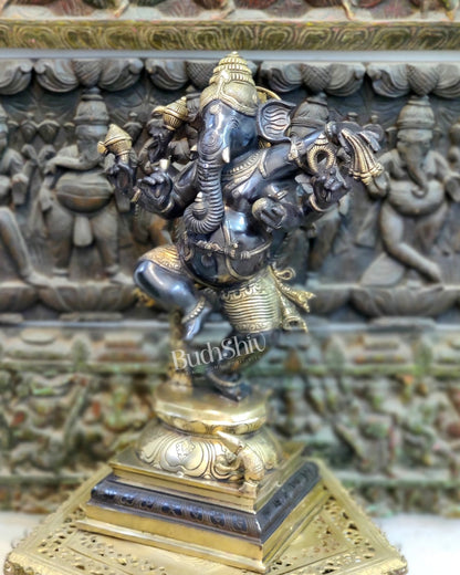 Handcrafted Brass Dancing Ganesha Statue - Large Size - Black and Gold Finish - 25 inches