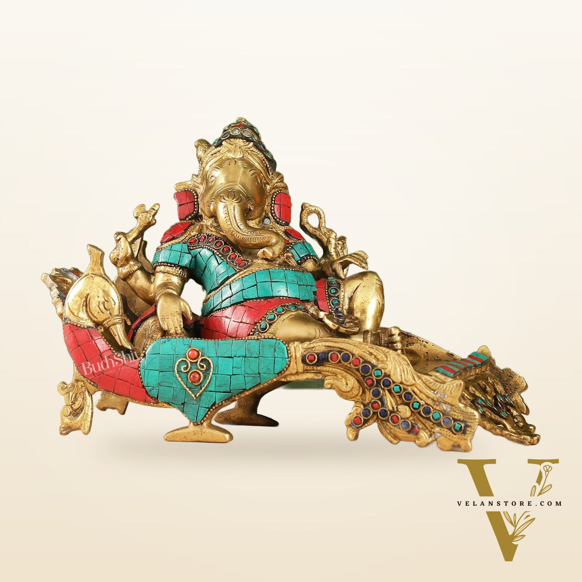 Handcrafted Brass Ganapathi on Peacock Throne with Multi-Coloured Stones