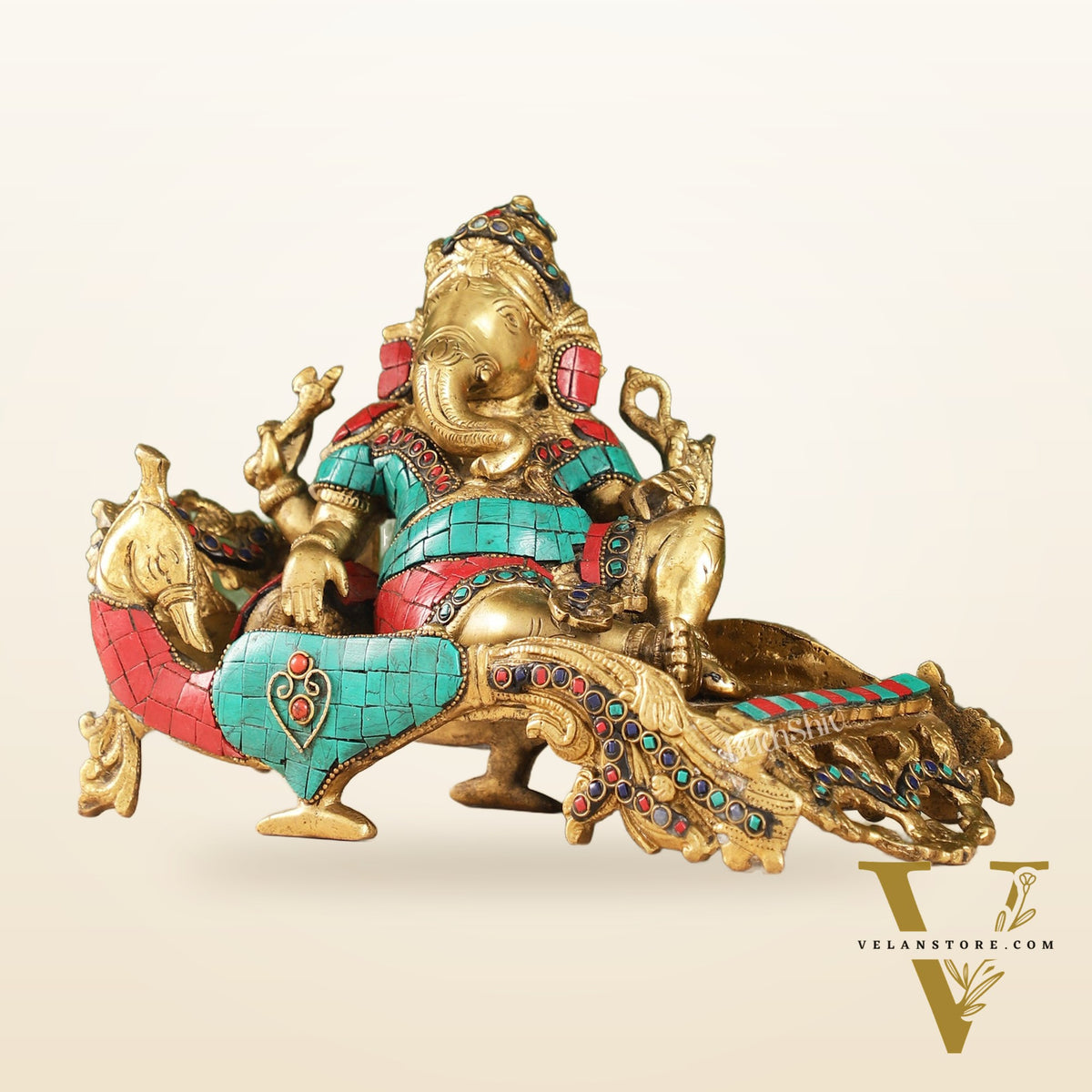 Handcrafted Brass Ganapathi on Peacock Throne with Multi-Coloured Stones