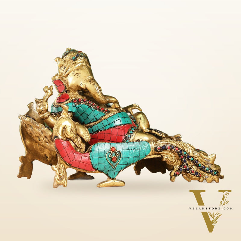 Handcrafted Brass Ganapathi on Peacock Throne with Multi-Coloured Stones