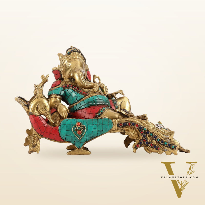 Handcrafted Brass Ganapathi on Peacock Throne with Multi-Coloured Stones