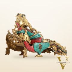 Handcrafted Brass Ganapathi on Peacock Throne with Multi-Coloured Stones