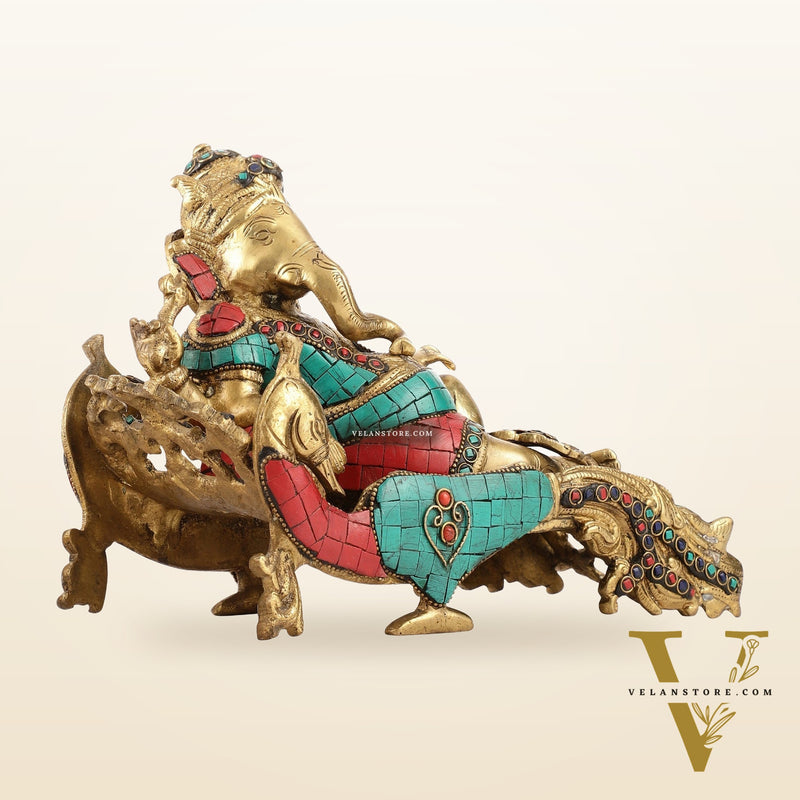 Handcrafted Brass Ganapathi on Peacock Throne with Multi-Coloured Stones