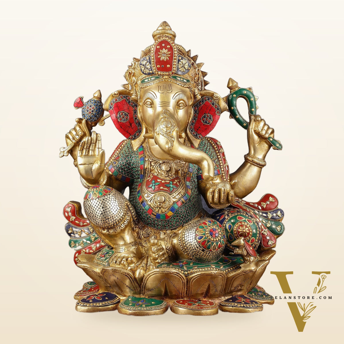Handcrafted Brass Ganapathi Statue on Lotus Base - 21-inch Tall