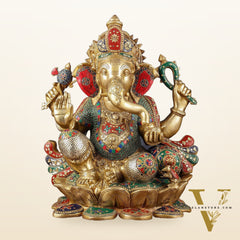 Handcrafted Brass Ganapathi Statue on Lotus Base - 21-inch Tall