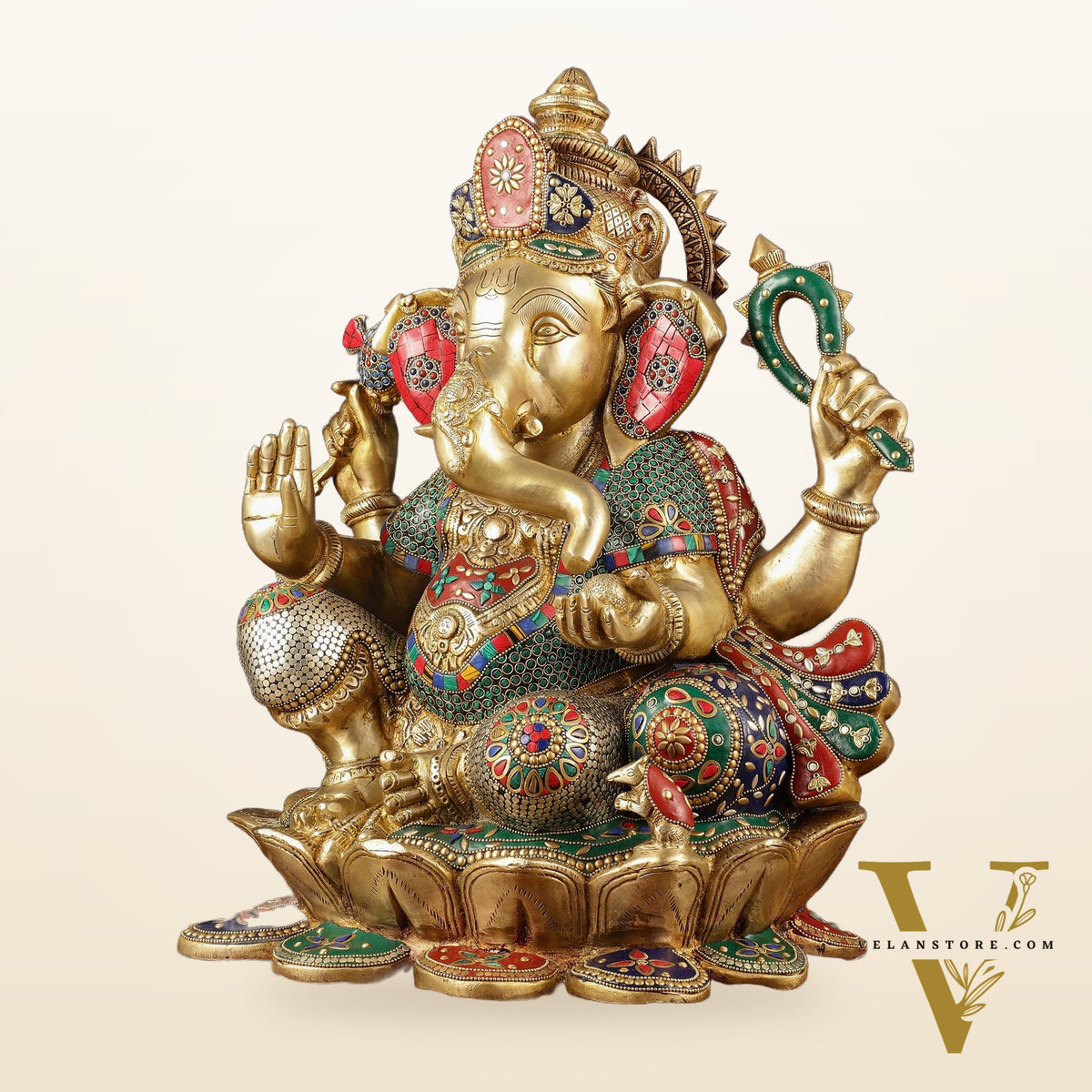 Handcrafted Brass Ganapathi Statue on Lotus Base - 21-inch Tall