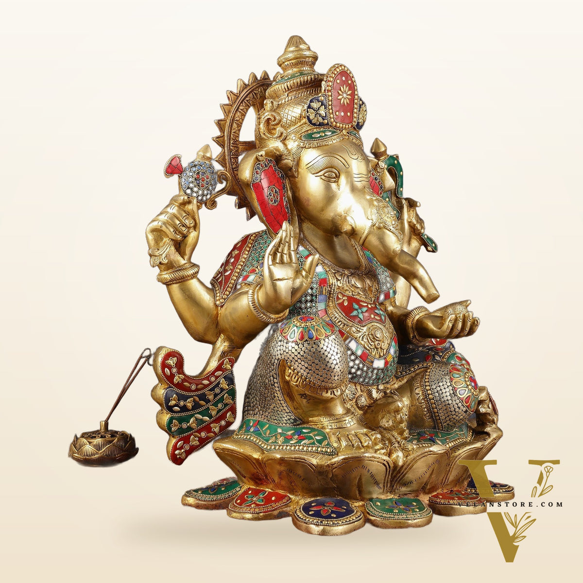 Handcrafted Brass Ganapathi Statue on Lotus Base - 21-inch Tall
