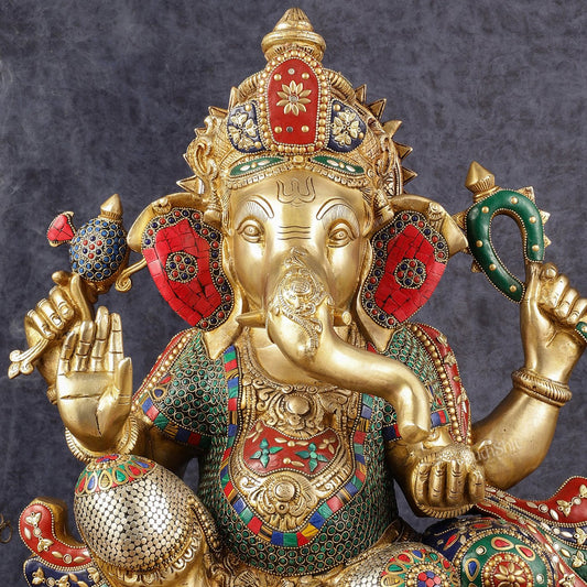 Handcrafted Brass Ganapathi Statue on Lotus Base - 21-inch Tall