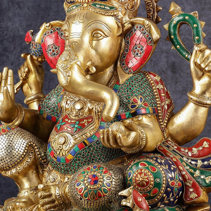 Handcrafted Brass Ganapathi Statue on Lotus Base - 21-inch Tall