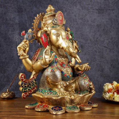 Handcrafted Brass Ganapathi Statue on Lotus Base - 21-inch Tall