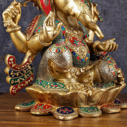 Handcrafted Brass Ganapathi Statue on Lotus Base - 21-inch Tall