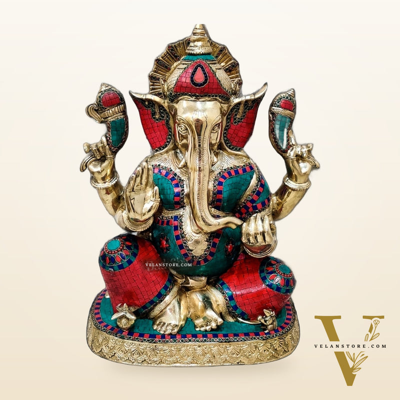 Handcrafted Brass Ganapathi Statue with Engraved Base and Stonework | Height 21.5 inches
