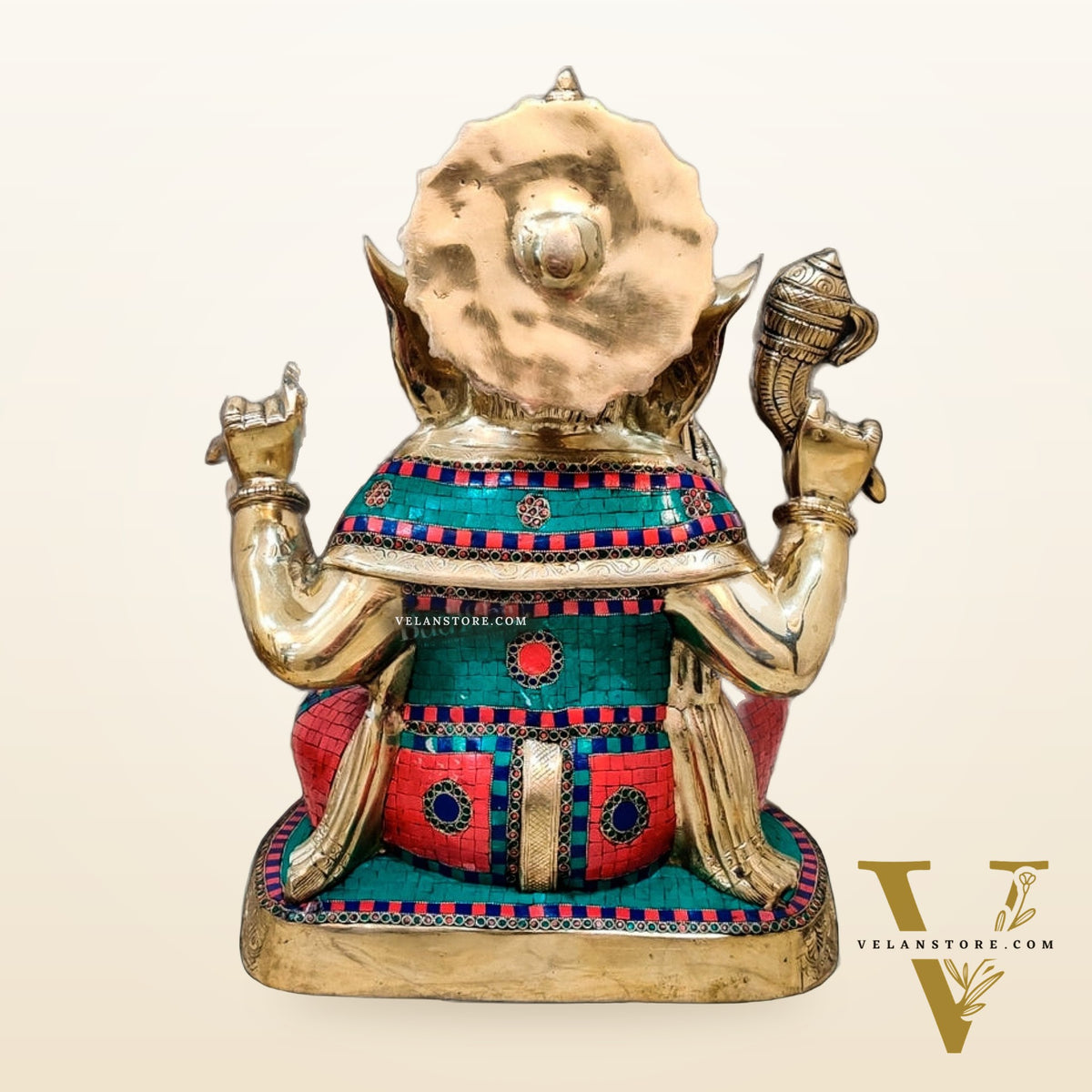 Handcrafted Brass Ganapathi Statue with Engraved Base and Stonework | Height 21.5 inches