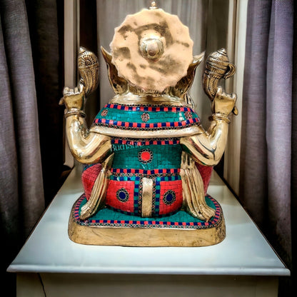 Handcrafted Brass Ganapathi Statue with Engraved Base and Stonework | Height 21.5 inches
