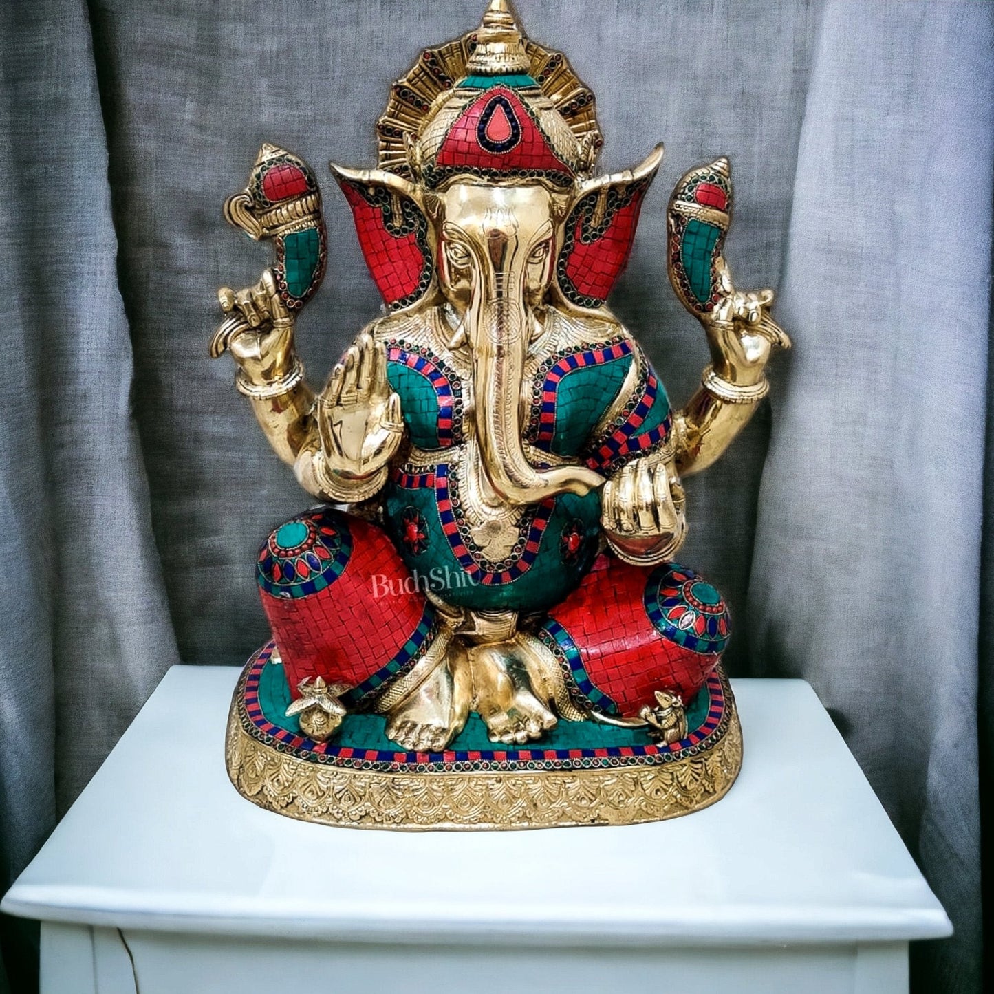 Handcrafted Brass Ganapathi Statue with Engraved Base and Stonework | Height 21.5 inches