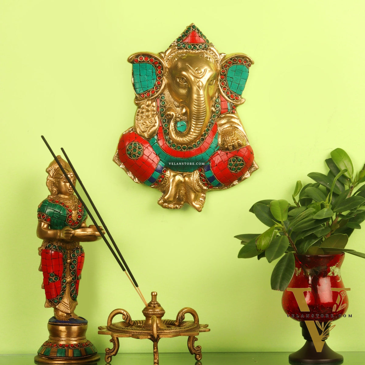 Handcrafted Brass Ganapathi Wall Hanging with Natural Stone - 9 inches