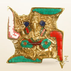 Handcrafted Brass Ganapathi Wall Hanging with Natural Stone Dressing - 9" Height