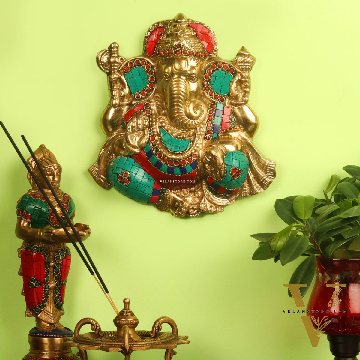 Handcrafted Brass Ganapathi Wall Hanging with Natural Stone - 8 inches