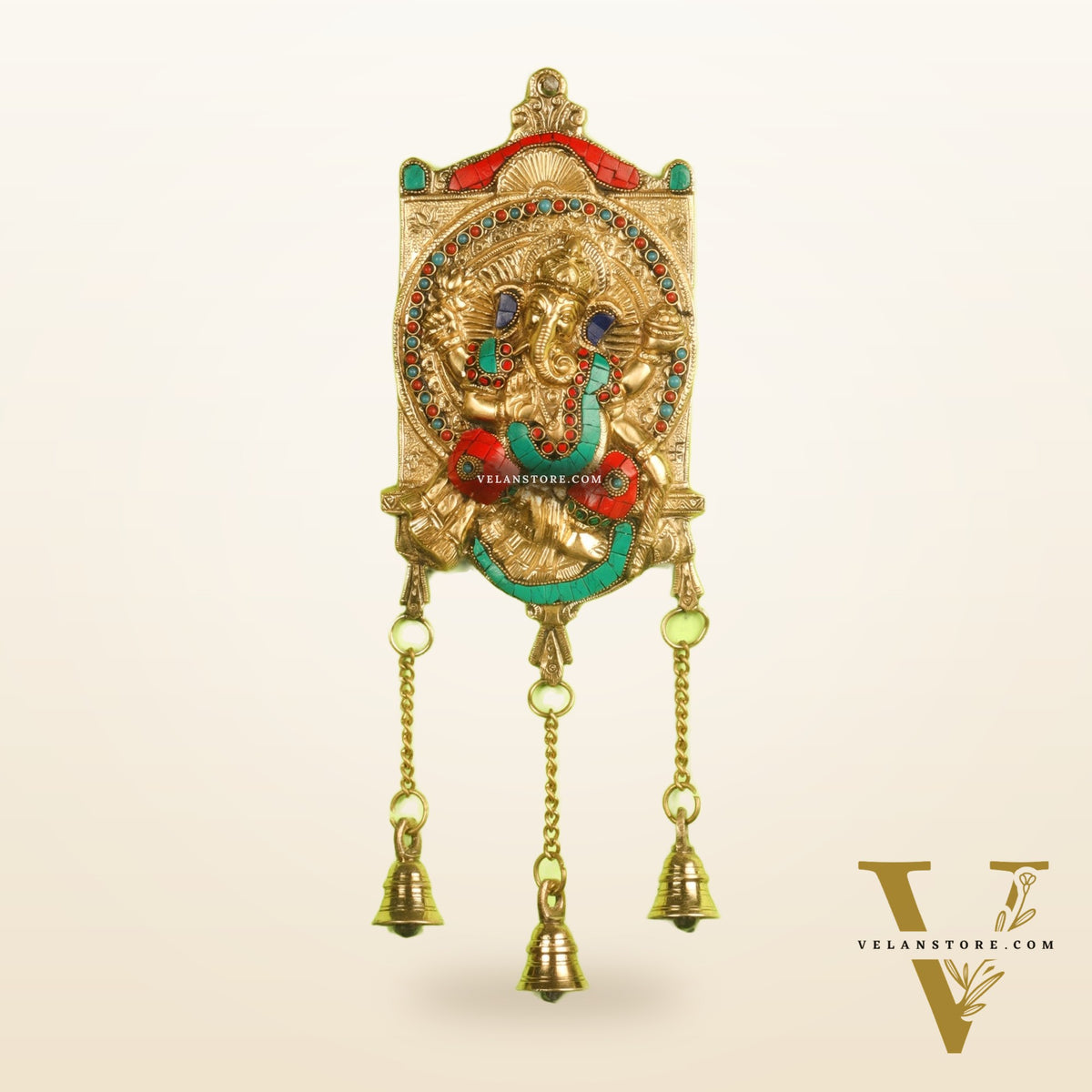 Handcrafted Brass Ganapathi Wall Hanging with Natural Stone - 16 inches