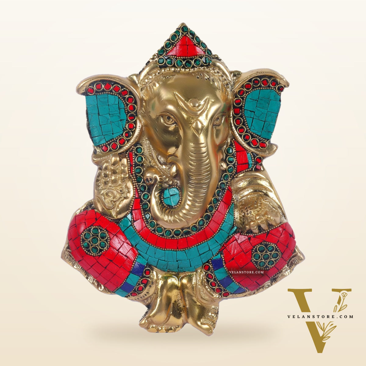 Handcrafted Brass Ganapathi Wall Hanging with Natural Stone - 9 inches