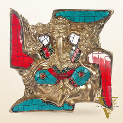 Handcrafted Brass Ganapathi Wall Hanging with Natural Stone Dressing - 9" Height