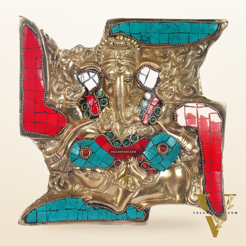 Handcrafted Brass Ganapathi Wall Hanging with Natural Stone Dressing - 9" Height
