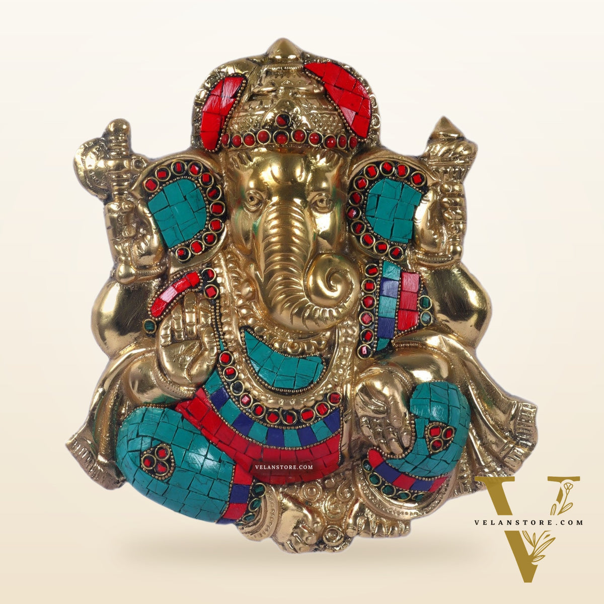 Handcrafted Brass Ganapathi Wall Hanging with Natural Stone - 8 inches