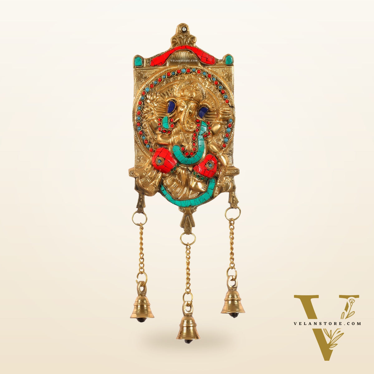 Handcrafted Brass Ganapathi Wall Hanging with Natural Stone - 16 inches