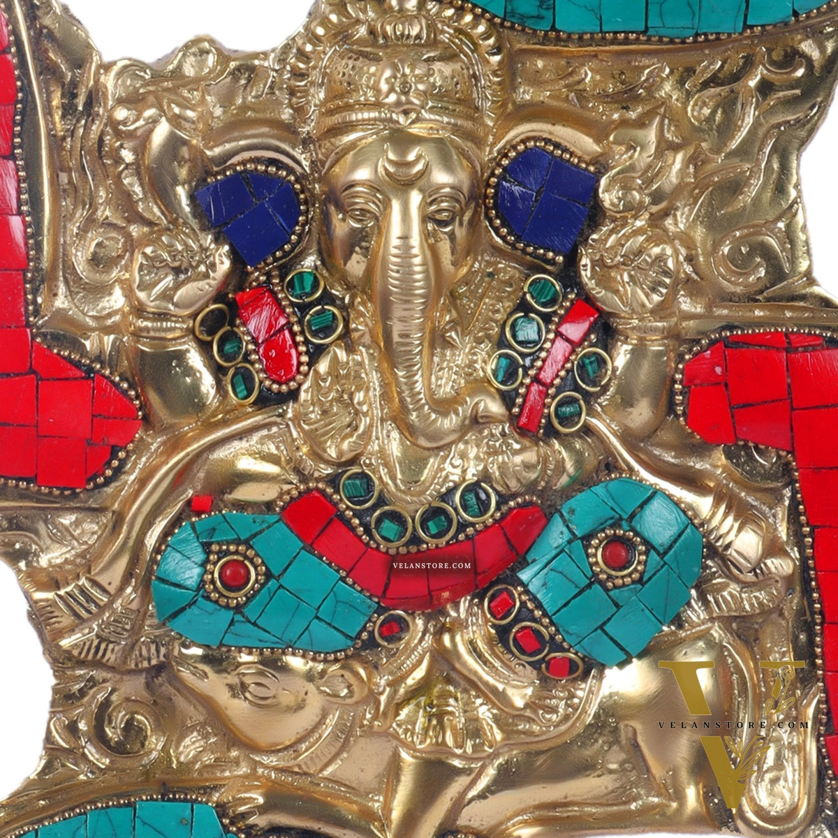 Handcrafted Brass Ganapathi Wall Hanging with Natural Stone Dressing - 9" Height