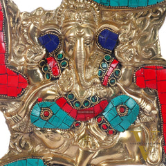 Handcrafted Brass Ganapathi Wall Hanging with Natural Stone Dressing - 9" Height