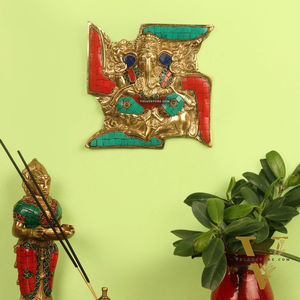Handcrafted Brass Ganapathi Wall Hanging with Natural Stone Dressing - 9" Height