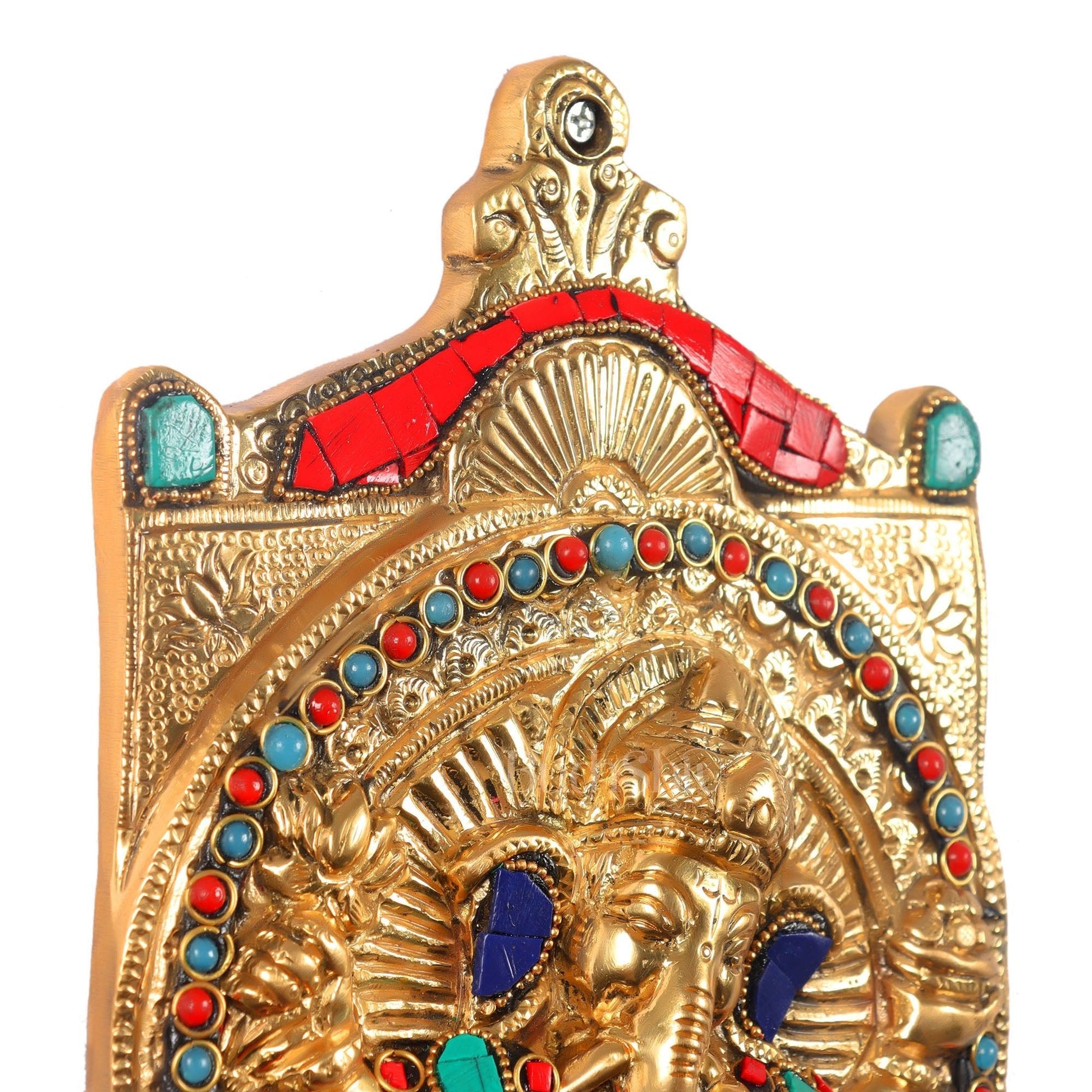 Handcrafted Brass Ganapathi Wall Hanging with Natural Stone - 16 inches