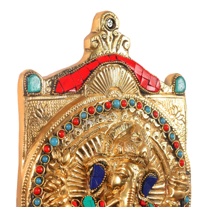Handcrafted Brass Ganapathi Wall Hanging with Natural Stone - 16 inches