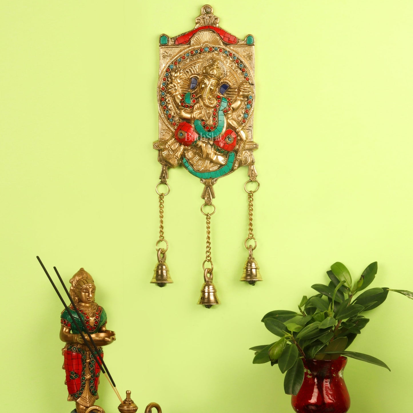 Handcrafted Brass Ganapathi Wall Hanging with Natural Stone - 16 inches