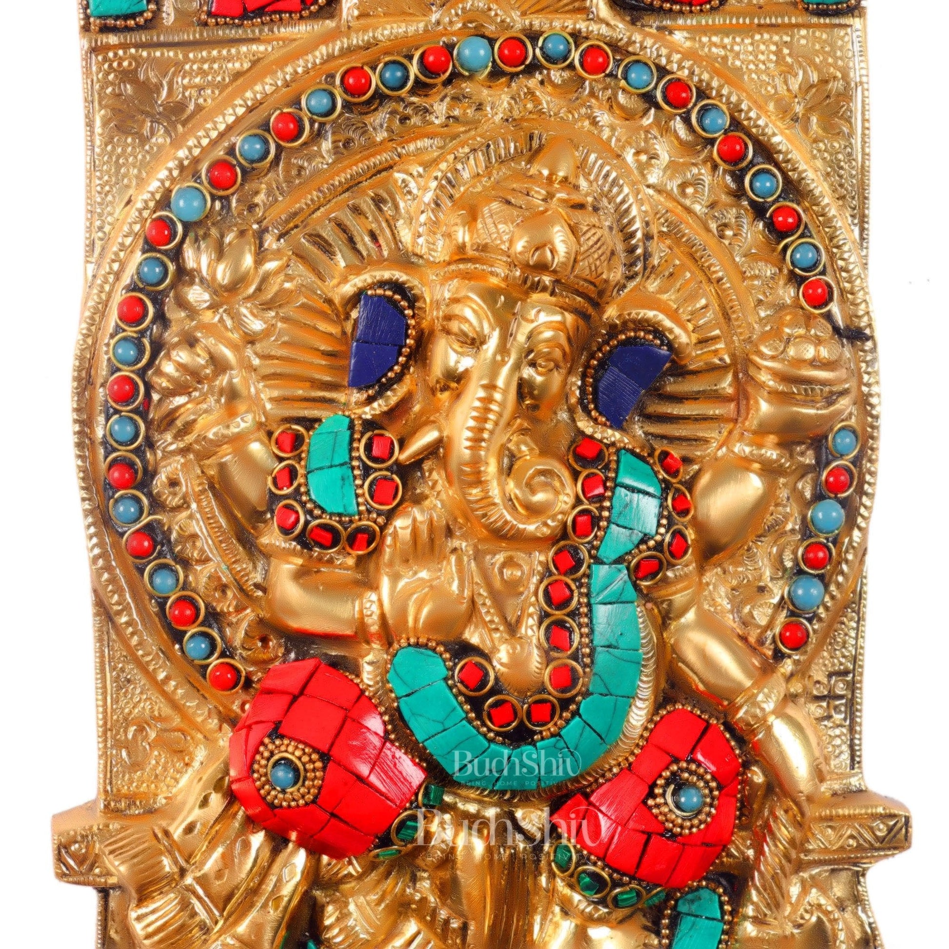 Handcrafted Brass Ganapathi Wall Hanging with Natural Stone - 16 inches