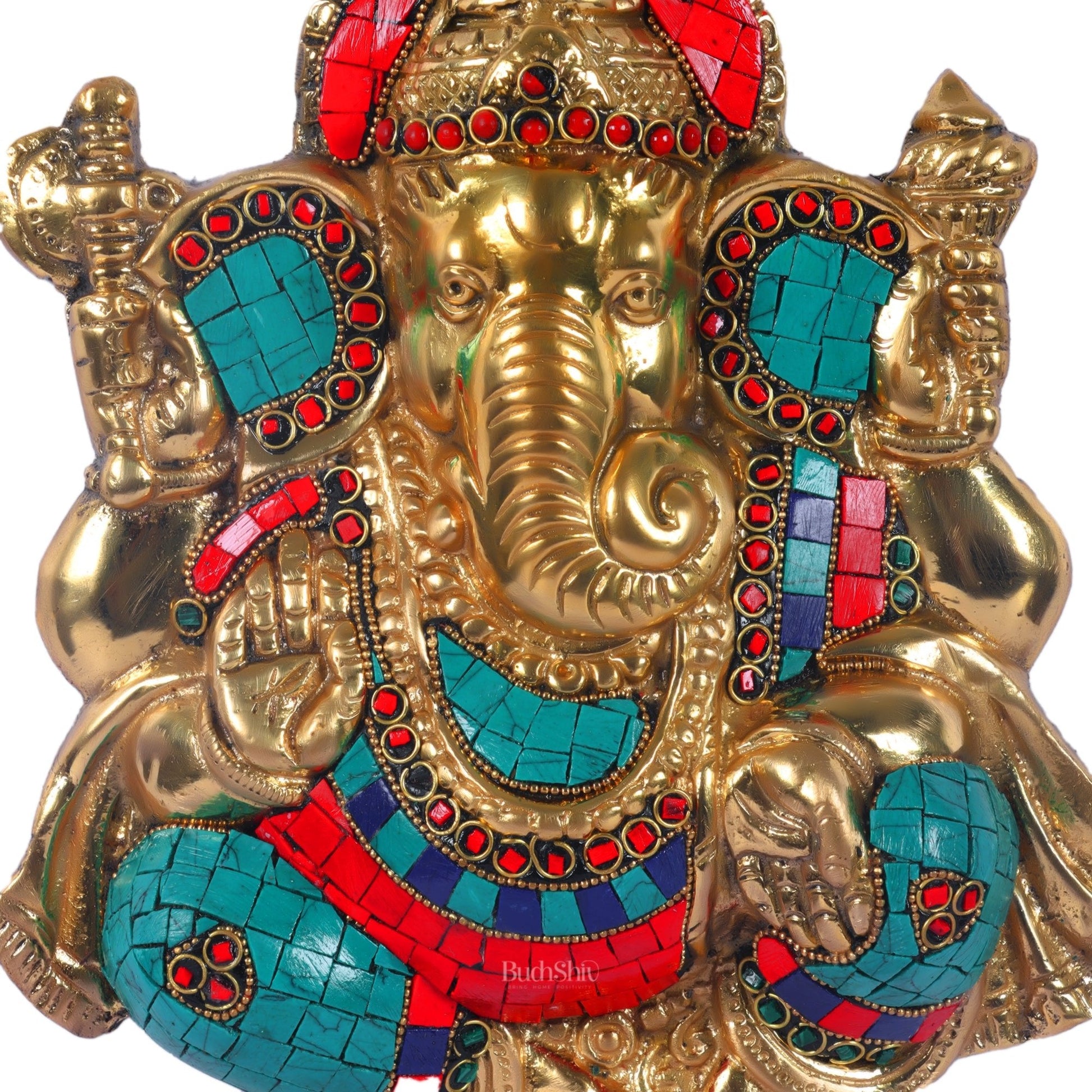Handcrafted Brass Ganapathi Wall Hanging with Natural Stone - 8 inches