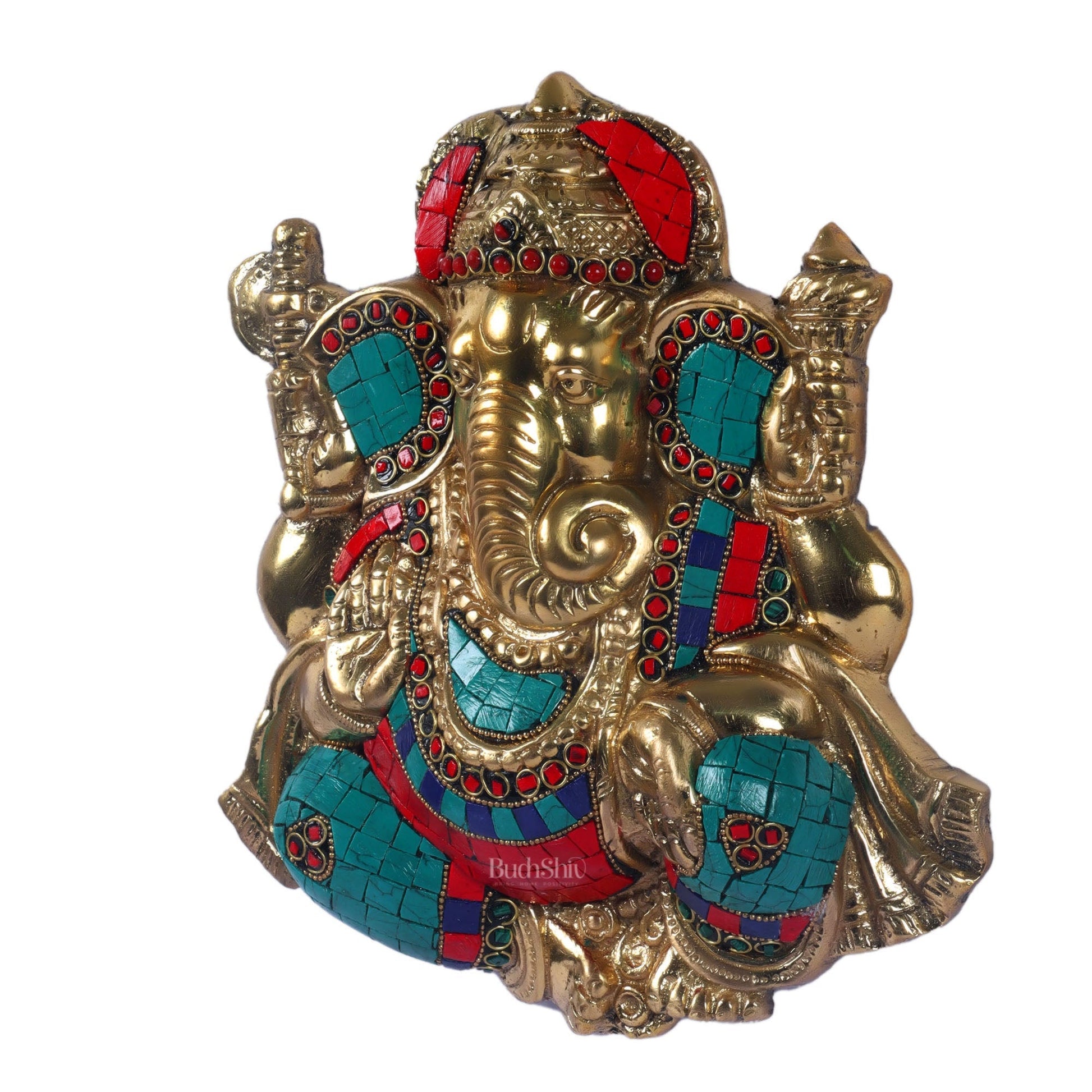 Handcrafted Brass Ganapathi Wall Hanging with Natural Stone - 8 inches