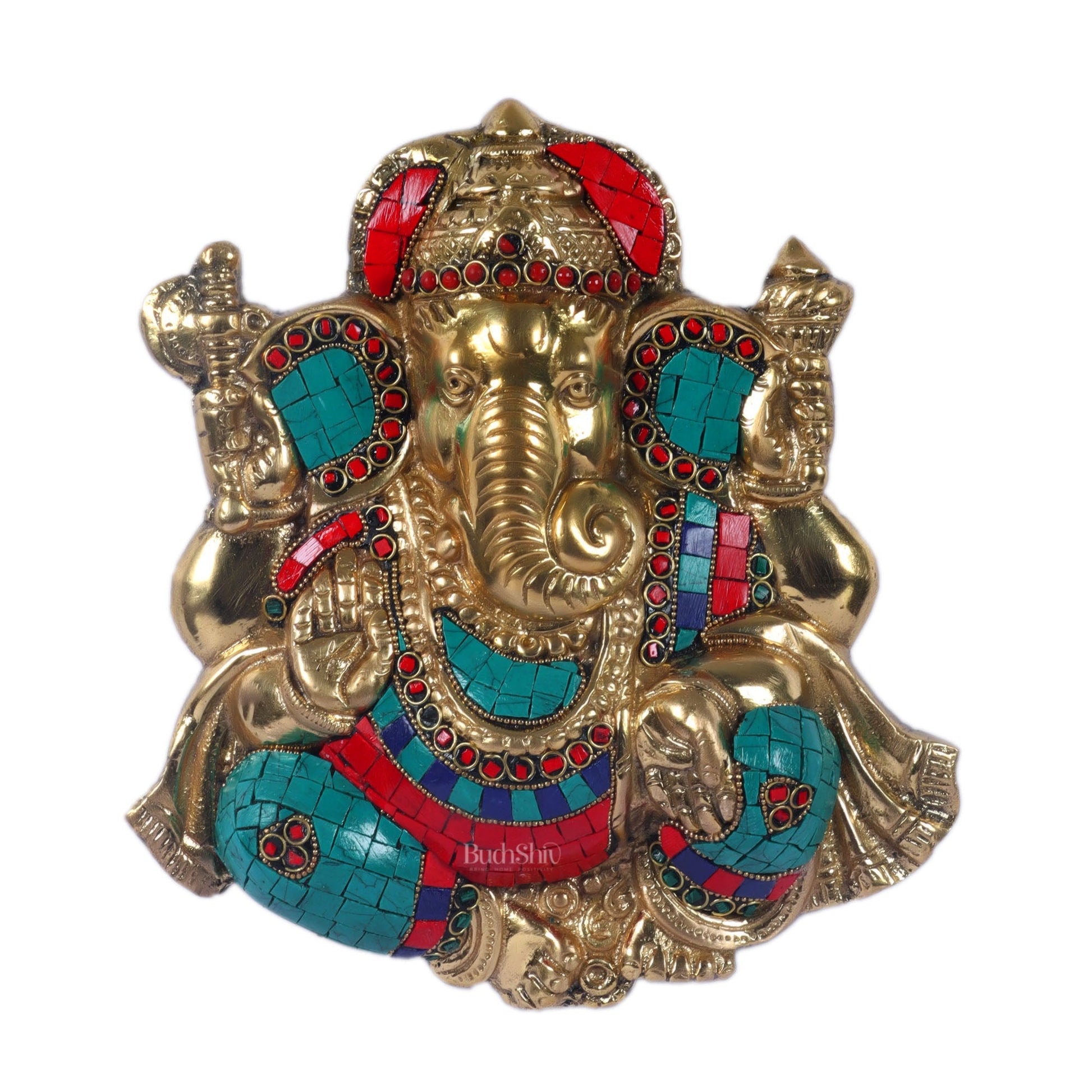 Handcrafted Brass Ganapathi Wall Hanging with Natural Stone - 8 inches