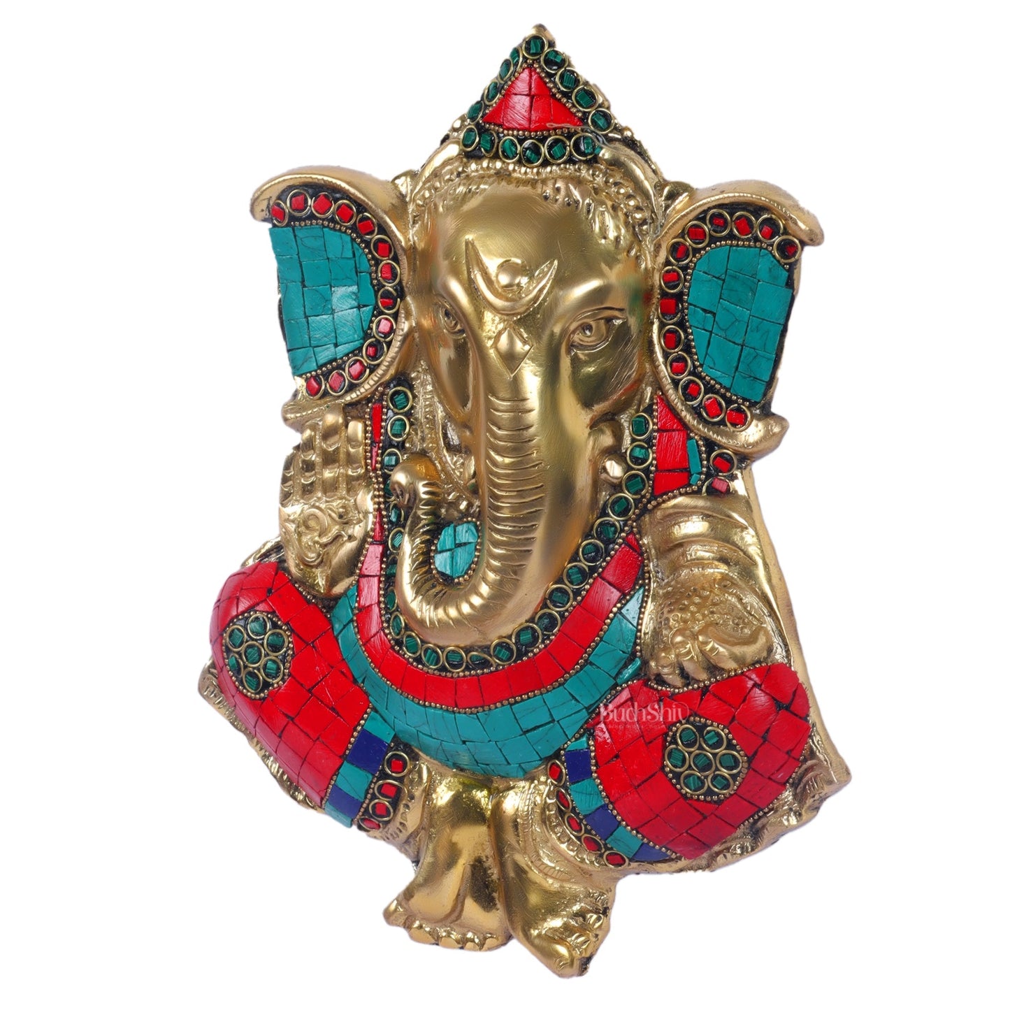 Handcrafted Brass Ganapathi Wall Hanging with Natural Stone - 9 inches
