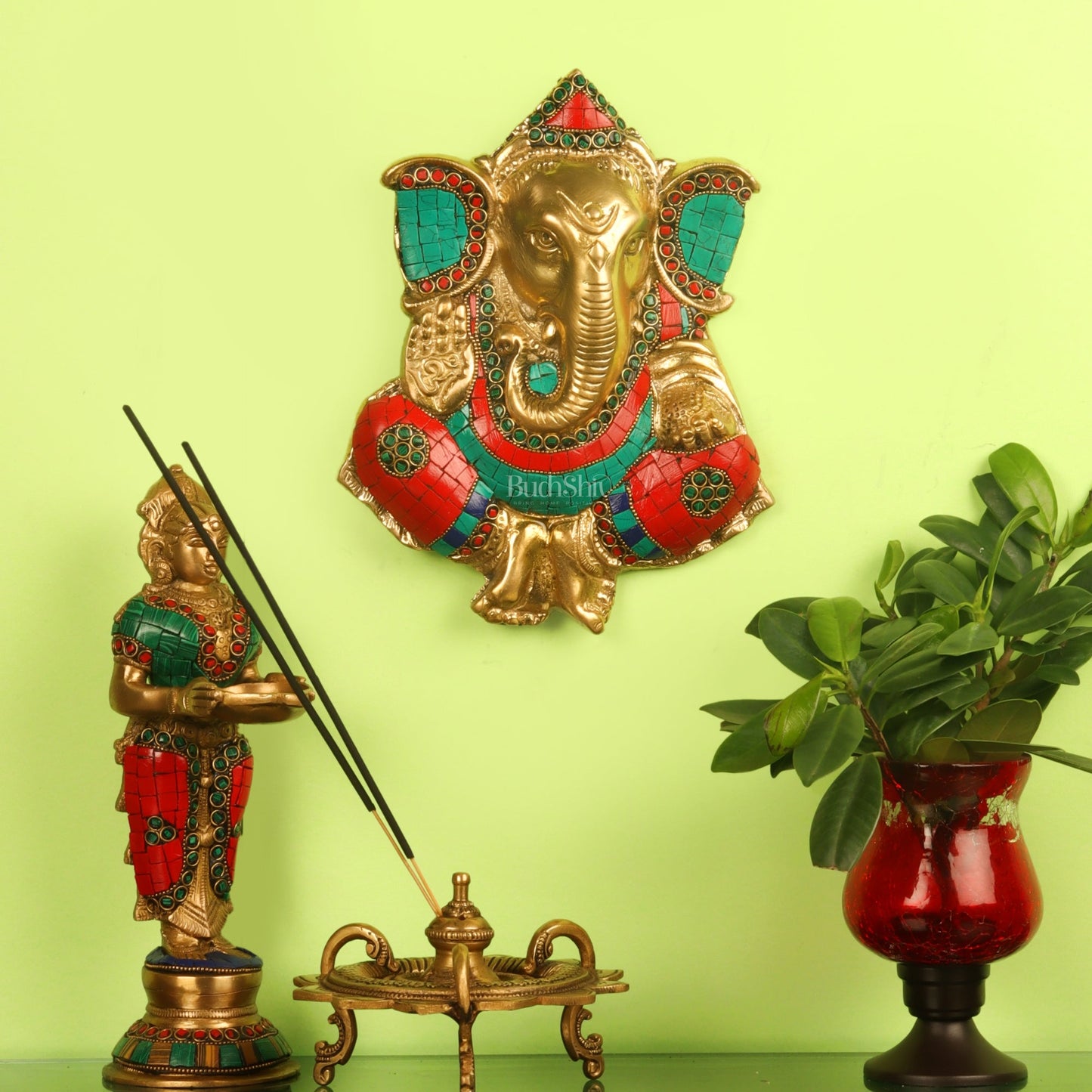 Handcrafted Brass Ganapathi Wall Hanging with Natural Stone - 9 inches