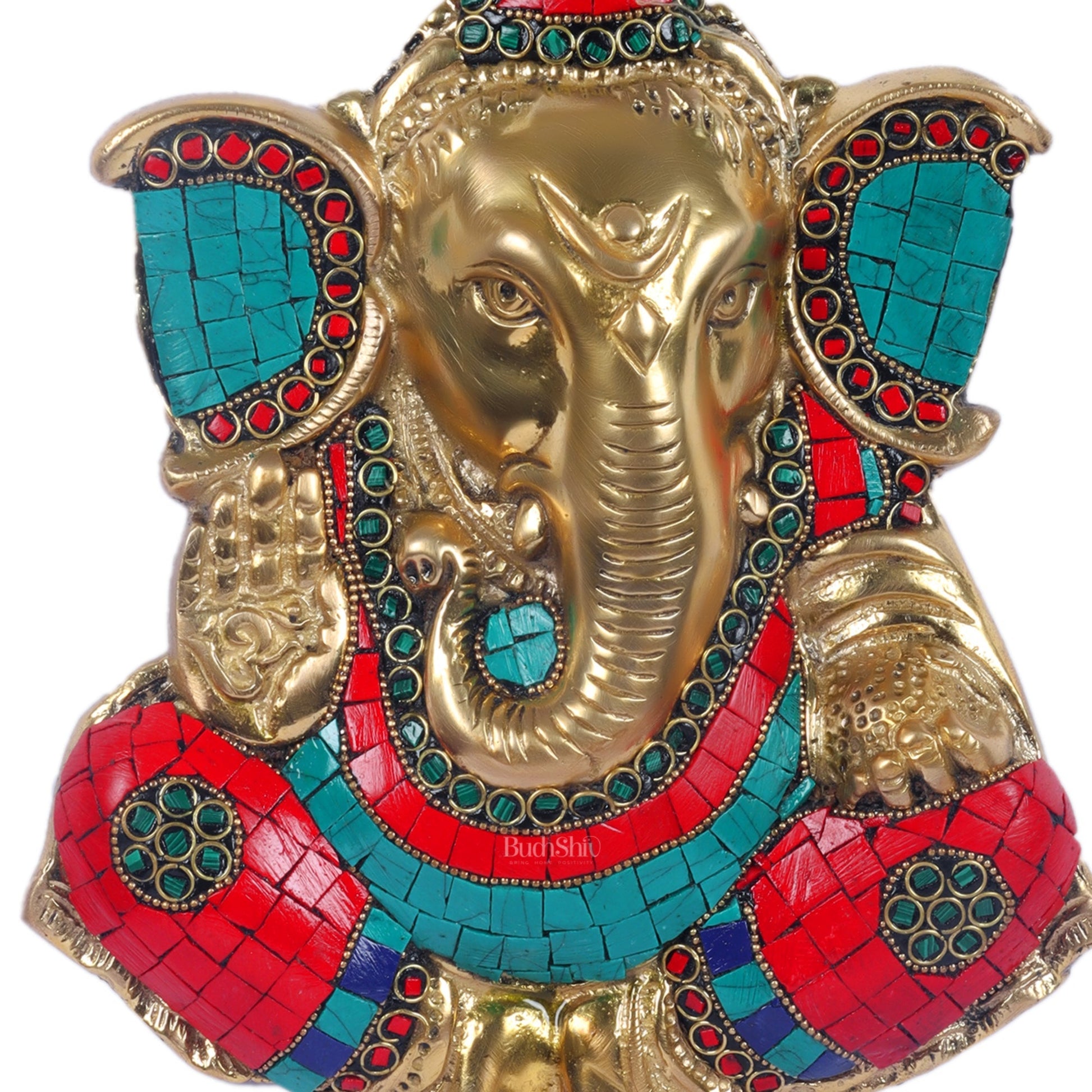 Handcrafted Brass Ganapathi Wall Hanging with Natural Stone - 9 inches
