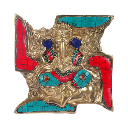 Handcrafted Brass Ganapathi Wall Hanging with Natural Stone Dressing - 9" Height