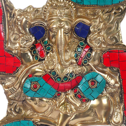 Handcrafted Brass Ganapathi Wall Hanging with Natural Stone Dressing - 9" Height