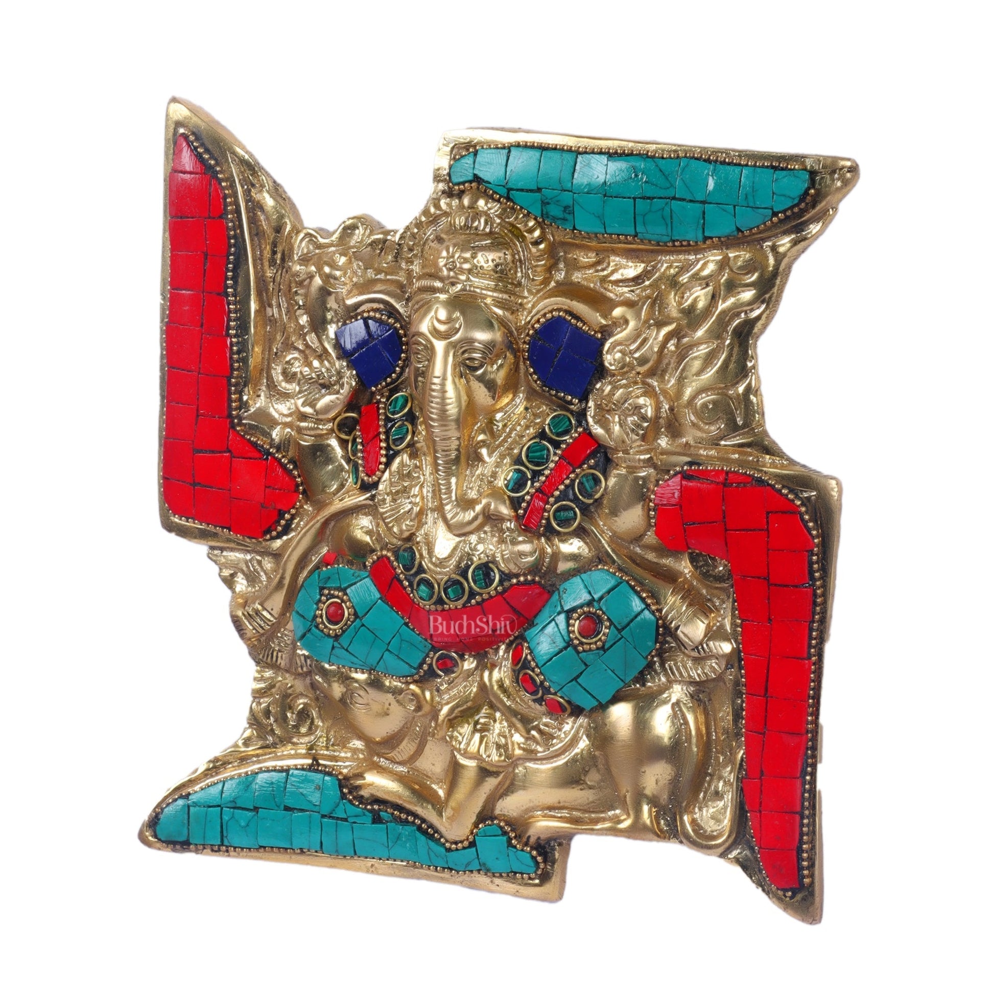 Handcrafted Brass Ganapathi Wall Hanging with Natural Stone Dressing - 9" Height