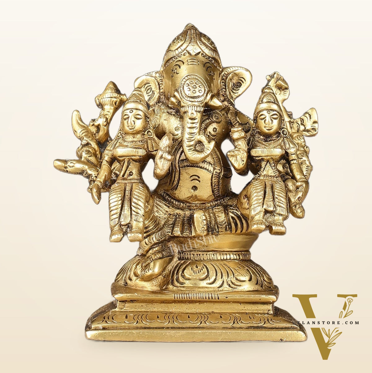 Handcrafted Brass Ganapathi with Wives Riddhi and Siddhi - 4.5 inches