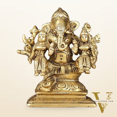 Handcrafted Brass Ganapathi with Wives Riddhi and Siddhi - 4.5 inches