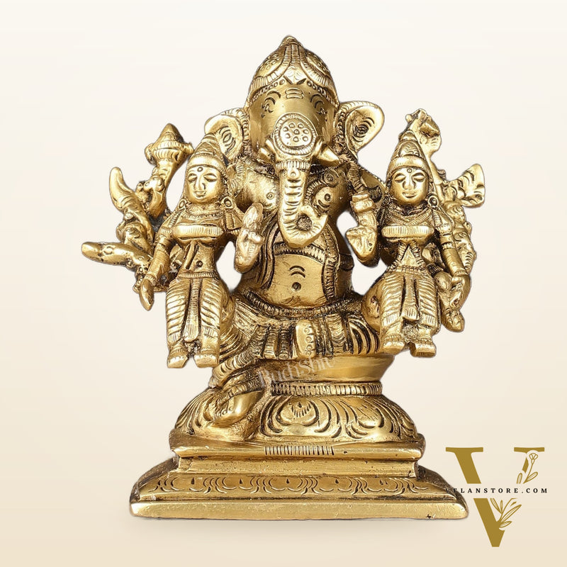 Handcrafted Brass Ganapathi with Wives Riddhi and Siddhi - 4.5 inches